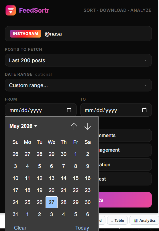 The custom date range picker in FeedSortr