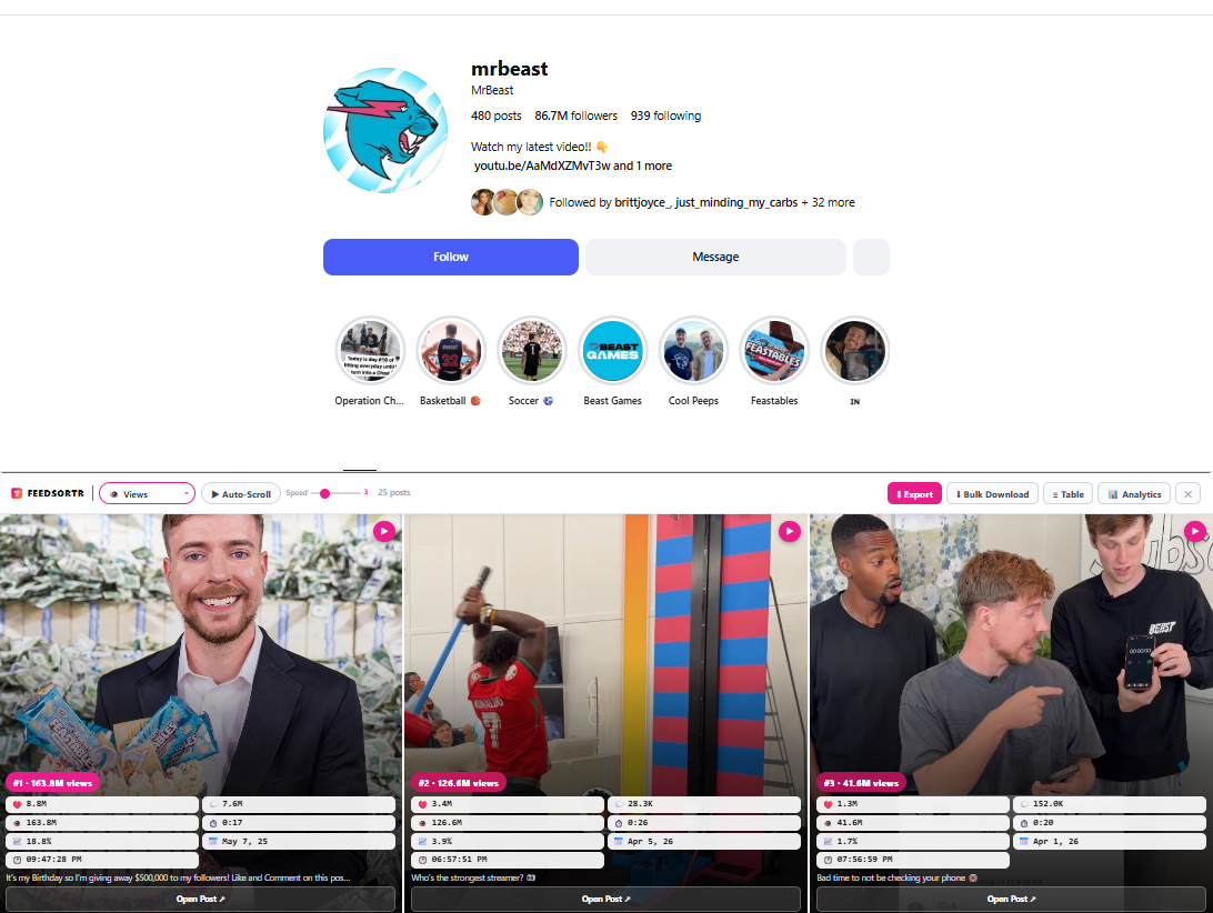 MrBeast's Instagram sorted by views using FeedSortr