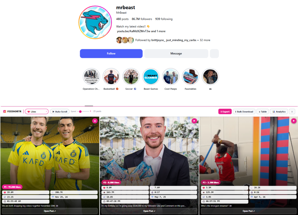 Sort feed for Instagram showing MrBeast creator profile sorted inside FeedSortr