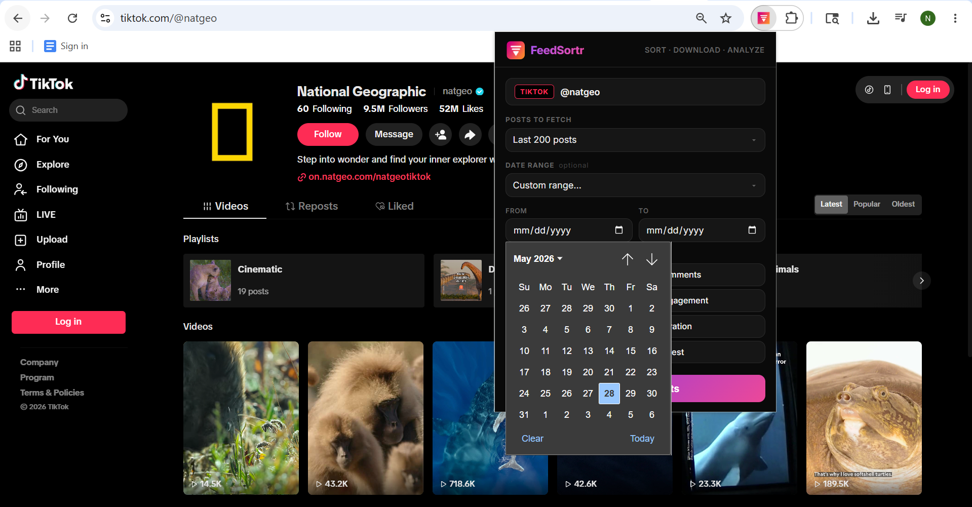 TikTok chronological search date range calendar popup overlay inside FeedSortr displaying JLO creator profile
