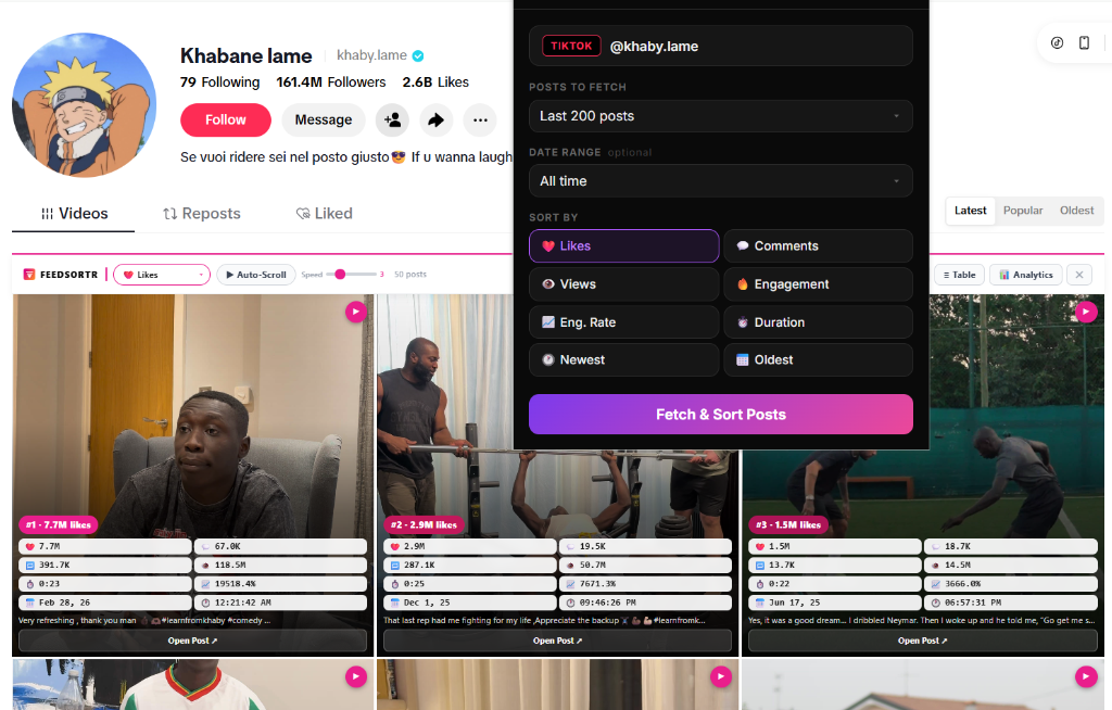 TikTok content parsing setup popup view inside FeedSortr extension